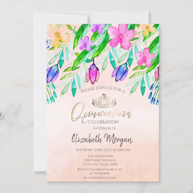 Chic Watercolor Spring Flowers Quinceañera Invitation (Front)