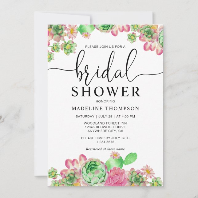 Chic Watercolor Succulent Cactus Bridal Shower Invitation (Front)