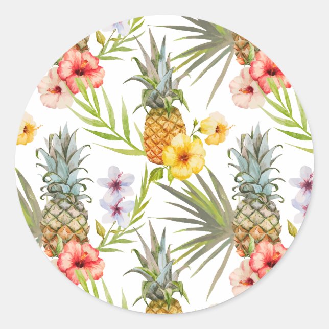 Chic Watercolor Tropical Flowers Leaves Pineapple Classic Round Sticker (Front)