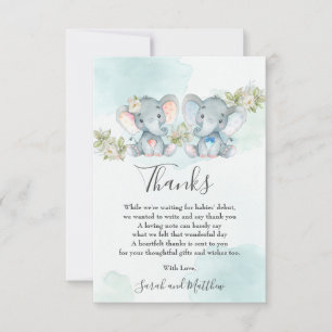 Chic Watercolor Twin Boy Girl Elephant Baby Shower Thank You Card