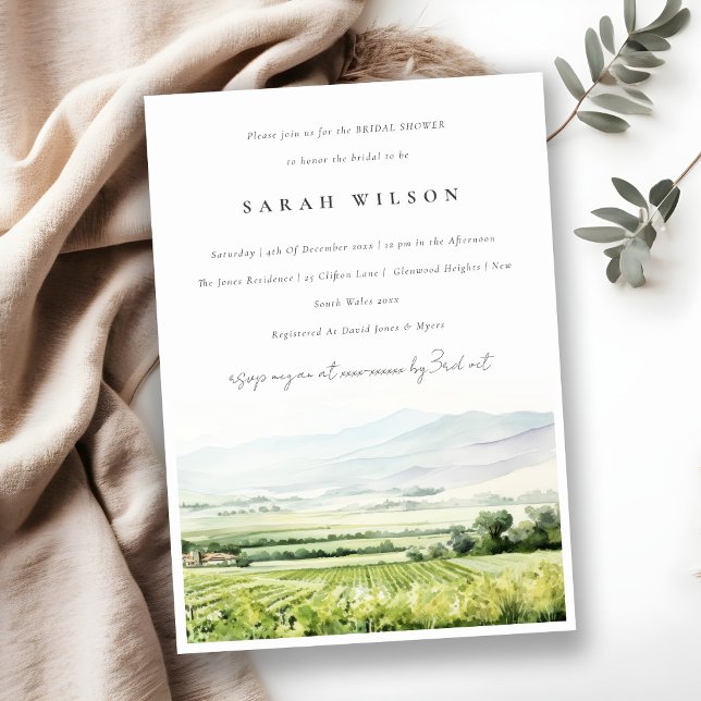 Chic Watercolor Vineyard Landscape Bridal Shower Invitation (Creator Uploaded)
