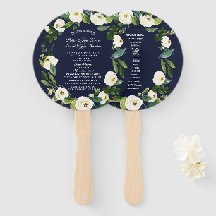 Chic Watercolor White Floral Dark Blue Program Hand Fan