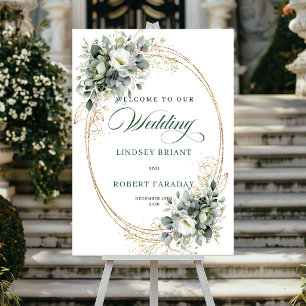Chic Watercolor White Roses Wedding Welcome Poster