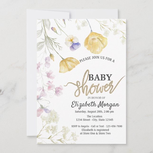 Chic Watercolor Wildflowers Botanical Baby Shower Invitation (Front)