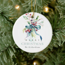 Chic Watercolor Winter Berries Christmas Photo
