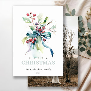 Chic Watercolor Winter Berries Christmas Photo Holiday Card