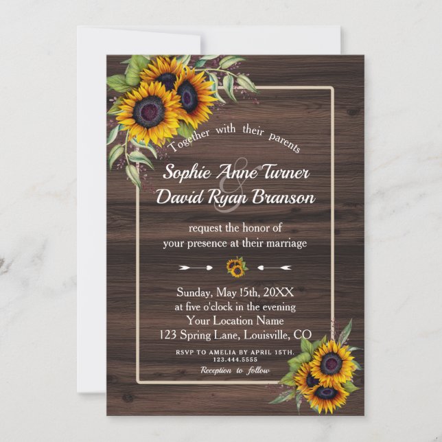 Chic Watercolour Sunflowers Wood Frame Wedding Invitation (Front)