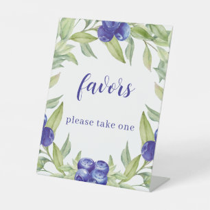 Chic Waterercolor Blueberries Green Leaves Favours Pedestal Sign
