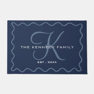 Chic Wavy Frame Family Name Monogrammed Navy Blue Doormat
