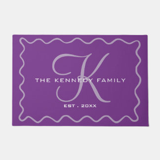 Chic Wavy Frame Family Name Monogrammed Purple Doormat