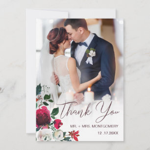Chic Wedding Floral Red Rose Maroon Script Photo Thank You Card