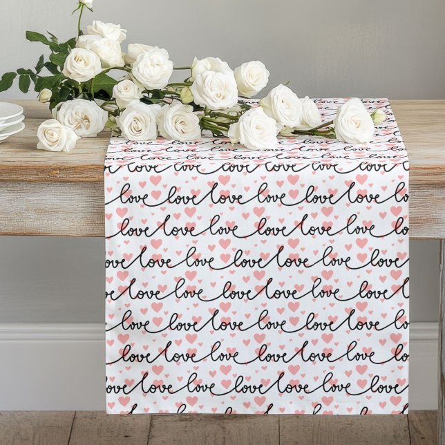 Chic Wedding Gift Pink Black Love Lettering Hearts Long Table Runner (Pink Black Hearts Sketch Romantic Valentine Table Runner)
