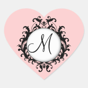Chic Wedding Initial Damask Label Pink Heart