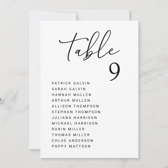 Chic Wedding Table Seating Chart Card (Front)
