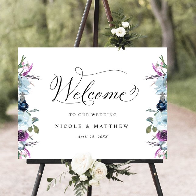 Chic Wedding Welcome Sign Purple and Blue Floral (Creator Uploaded)