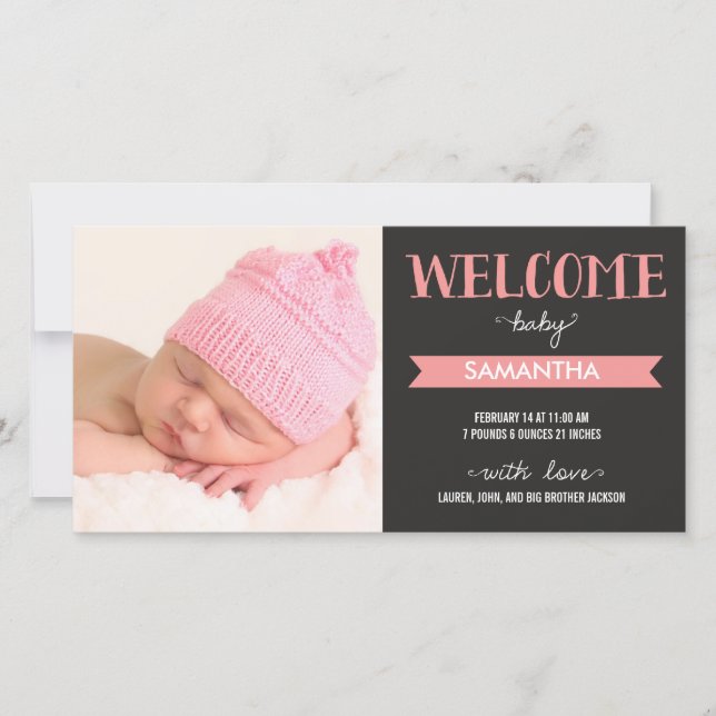 Chic Welcome Baby Girl Birth Announcement (Front)
