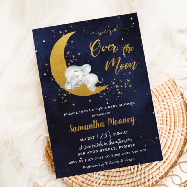 Chic We're Over the Moon Elephant Boy Baby Shower Invitation (Creator Uploaded)