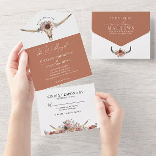 Chic Western Bohemian Floral Cow Skull Wedding All In One Invitation