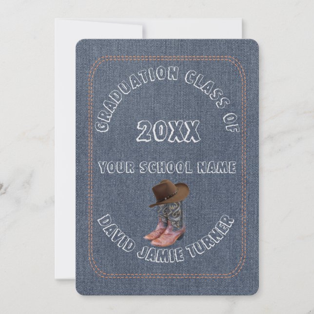 Chic Western Boots Hat Denim Graduation Invite (Front)