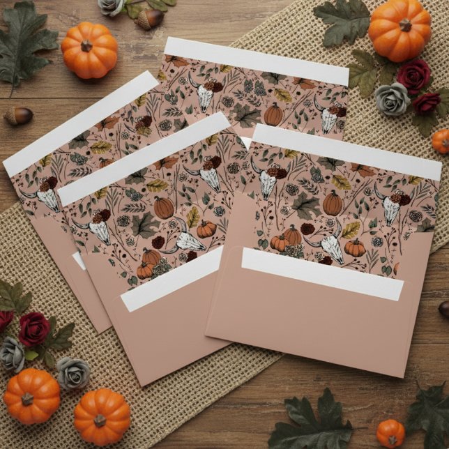 Chic Western Rose Cow Skull Fall Harvest Envelope (Western Cow Skull Harvest Thanksgiving, Autumn Vintage Rose Pink Envelopes. Pumpkins, Acorns, Leaves)