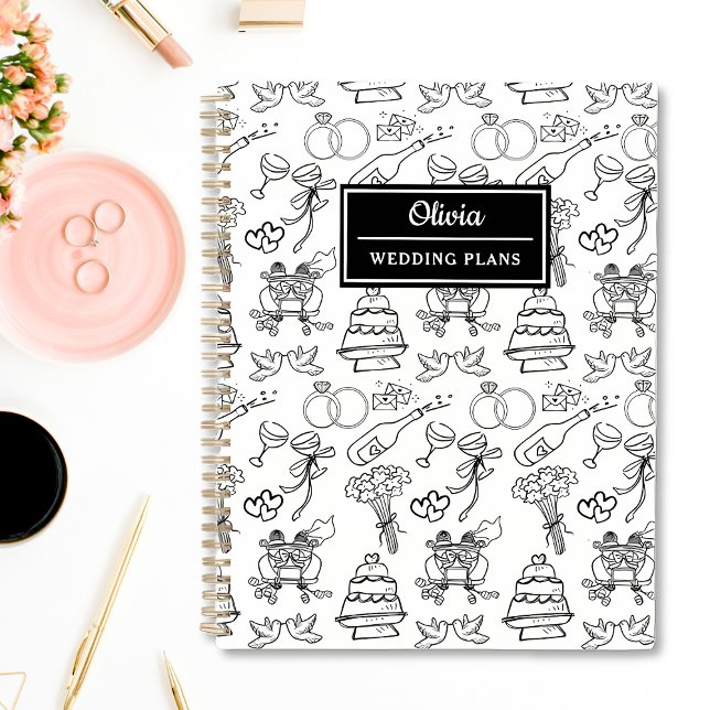 Chic Whimsical Black & White Personalised Wedding  Planner (Chic black and white personalized wedding planner with customizable covers. )