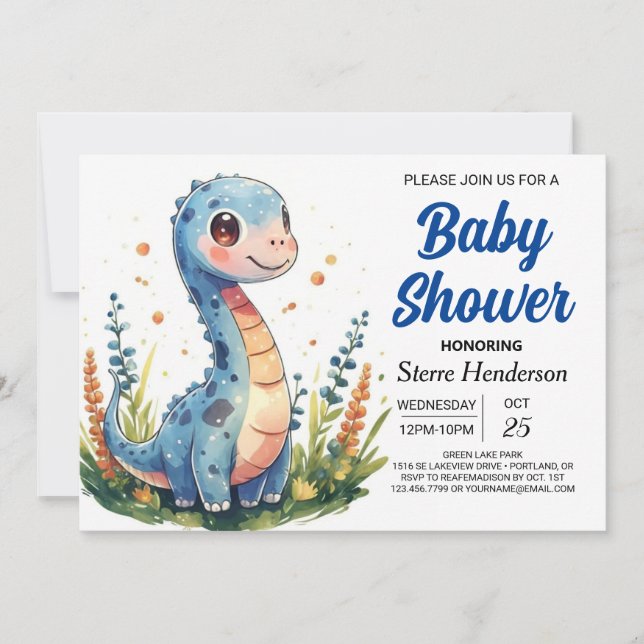 Chic Whimsical Blue Dinosaur Boy Baby Shower Invitation (Front)