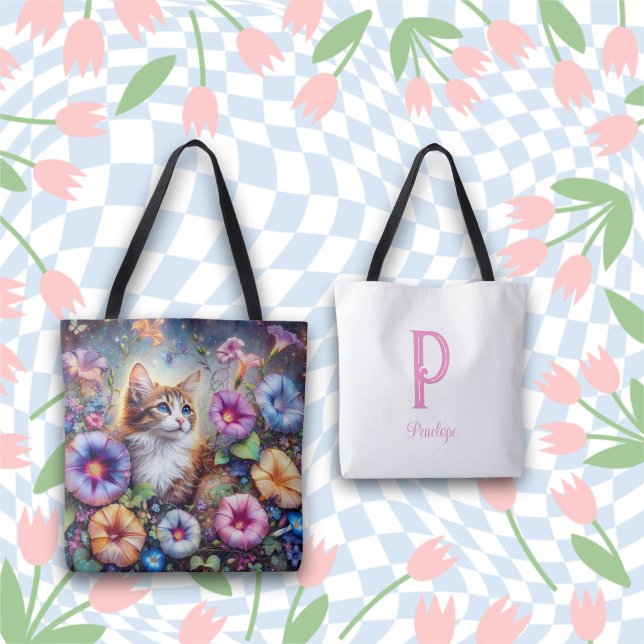 Chic Whimsical Cat Flower Garden Monogram Tote Bag (Creator Uploaded)