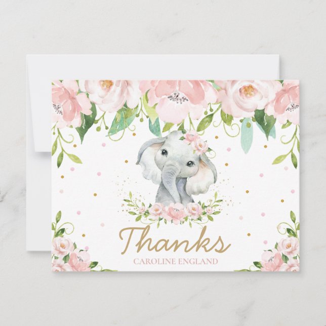 Chic Whimsical Cute Elephant Blush Pink Floral Card (Front)