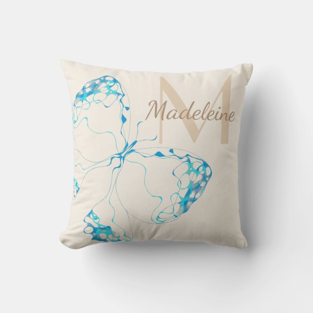 Chic Whimsical Elegant Blue Butterfly Monogram Cushion (Front)