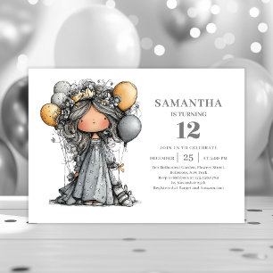 Chic Whimsical Girl 8th Birthday Black Gold Party Invitation