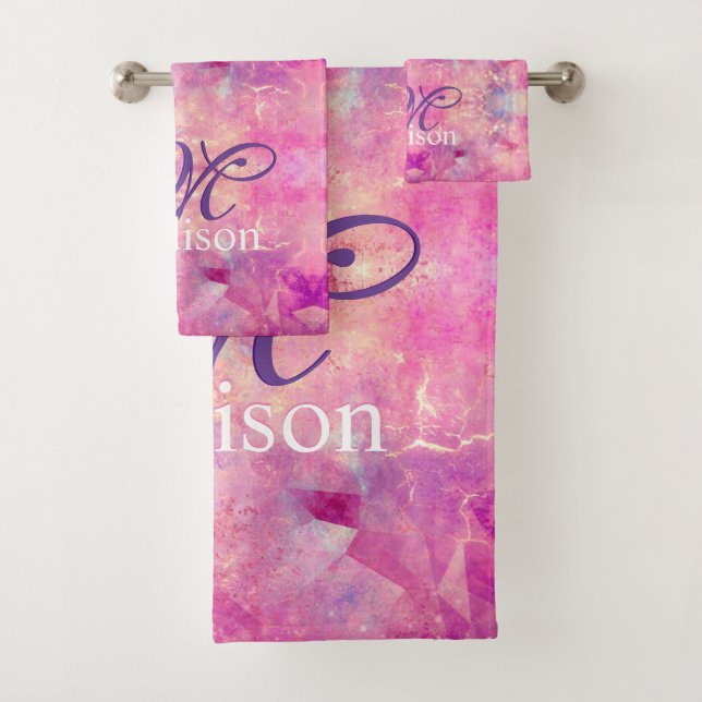 Chic whimsical pink fuchsia ombre glitter monogram bath towel set (Insitu)