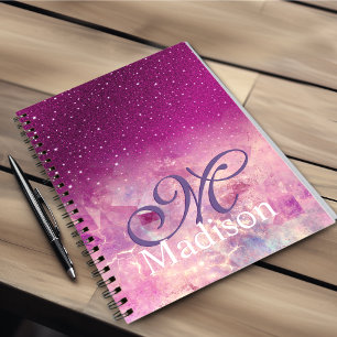 Chic whimsical pink fuchsia ombre glitter monogram notebook