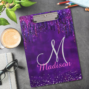 Chic whimsical pink purple ombre glitter monogram clipboard