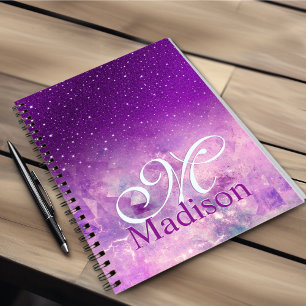 Chic whimsical pink purple ombre glitter monogram notebook