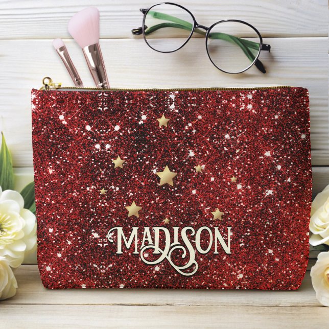 Chic whimsical red black glitter monogram  accessory pouch (Creator Uploaded)
