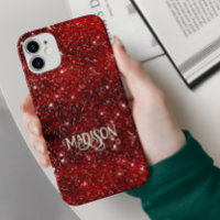 Chic whimsical red black glitter monogram