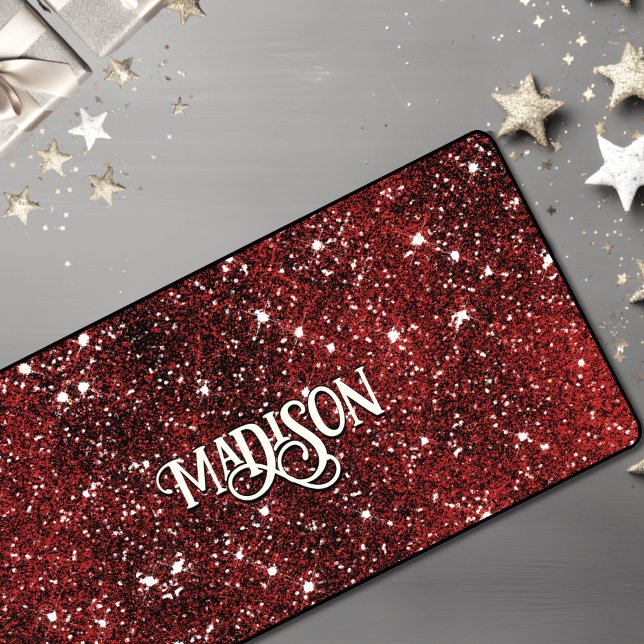Chic whimsical red black glitter monogram  desk mat (Creator Uploaded)