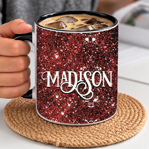 Chic whimsical red black glitter monogram mug