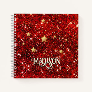 Chic whimsical red black glitter monogram  notebook