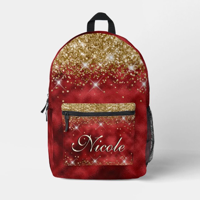 Chic Whimsical Red Black Gold Glitter Monogram Printed Backpack (Front)