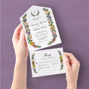 Chic Whimsical Vintage Floral monogram wedding  All In One Invitation