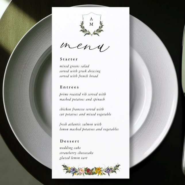 Chic Whimsical Vintage Floral monogram wedding  Menu (Creator Uploaded)