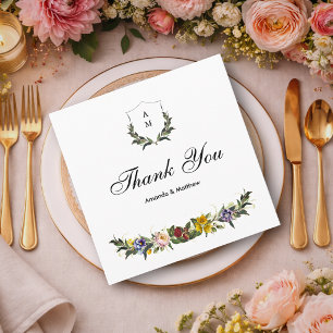 Chic Whimsical Vintage Floral monogram wedding Thank You Card