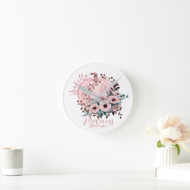 Chic Whimsical White Pink Pumpkin Floral  Round Clock (Home)