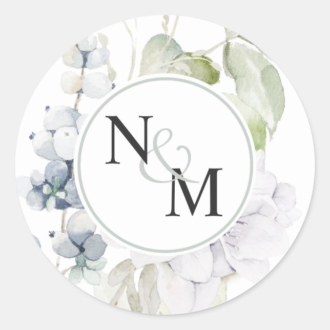 Chic, White and Blue Floral Monogram Envelope Seal (Front)