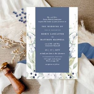 Chic White and Blue Floral Wedding, Navy Invitation