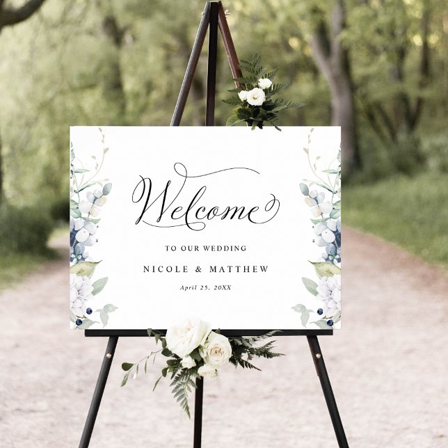 Chic White and Blue Floral Welcome Wedding Sign (Creator Uploaded)