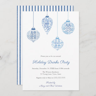 Chic White And Blue Holiday Ornaments Drinks Party Invitation