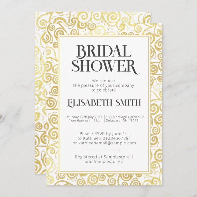  Chic White And Gold Flourish Winter Bridal Shower Invitation (Front/Back)