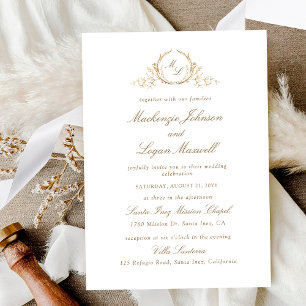 Chic White and Gold Monogram, Calligraphy Wedding Invitation